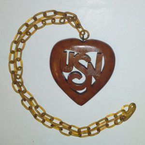 WWII 1943 USN Navy Wood Heart Necklace